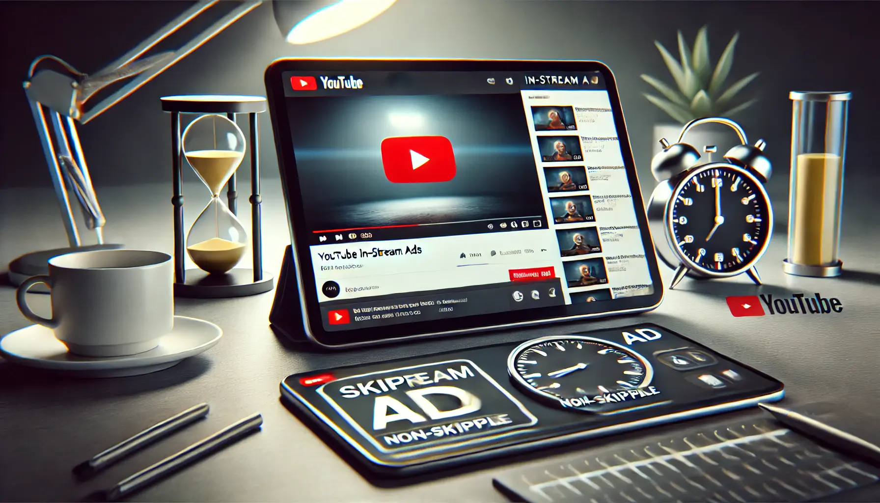 A tablet displaying YouTube in-stream ads, showcasing both skippable and non-skippable ad formats with engagement and time icons.