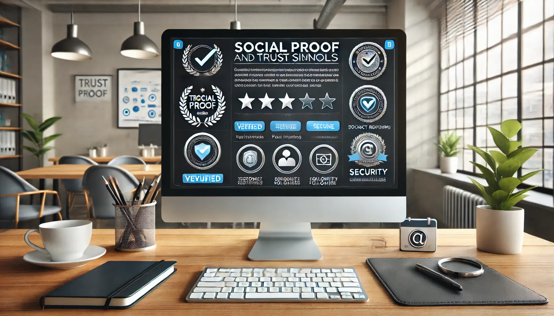 A workspace with a computer displaying a landing page featuring social proof and trust signals like customer testimonials, ratings, and security badges.