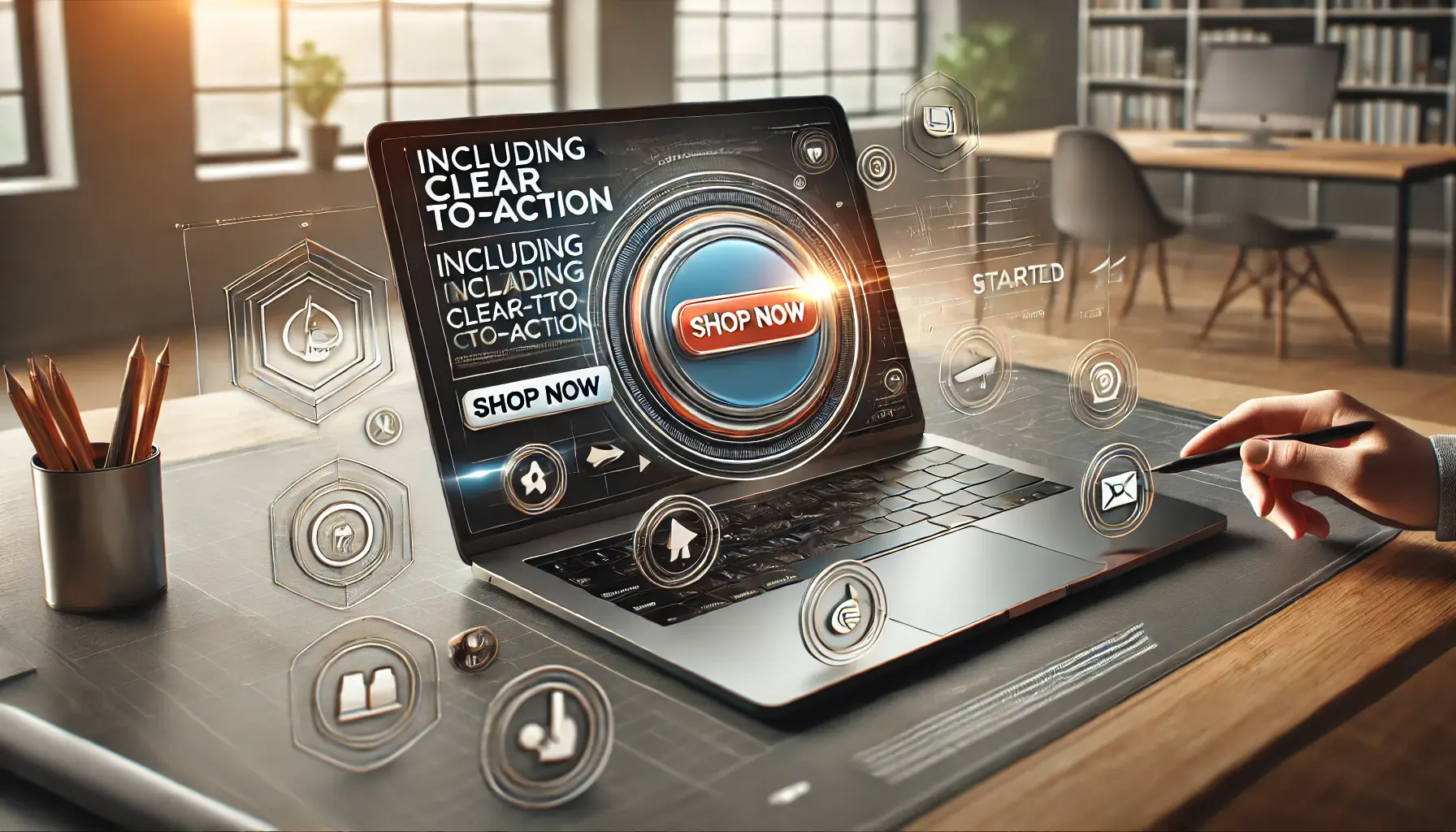 A realistic image of a laptop displaying an ad with a clear and compelling call-to-action button, surrounded by user engagement icons.