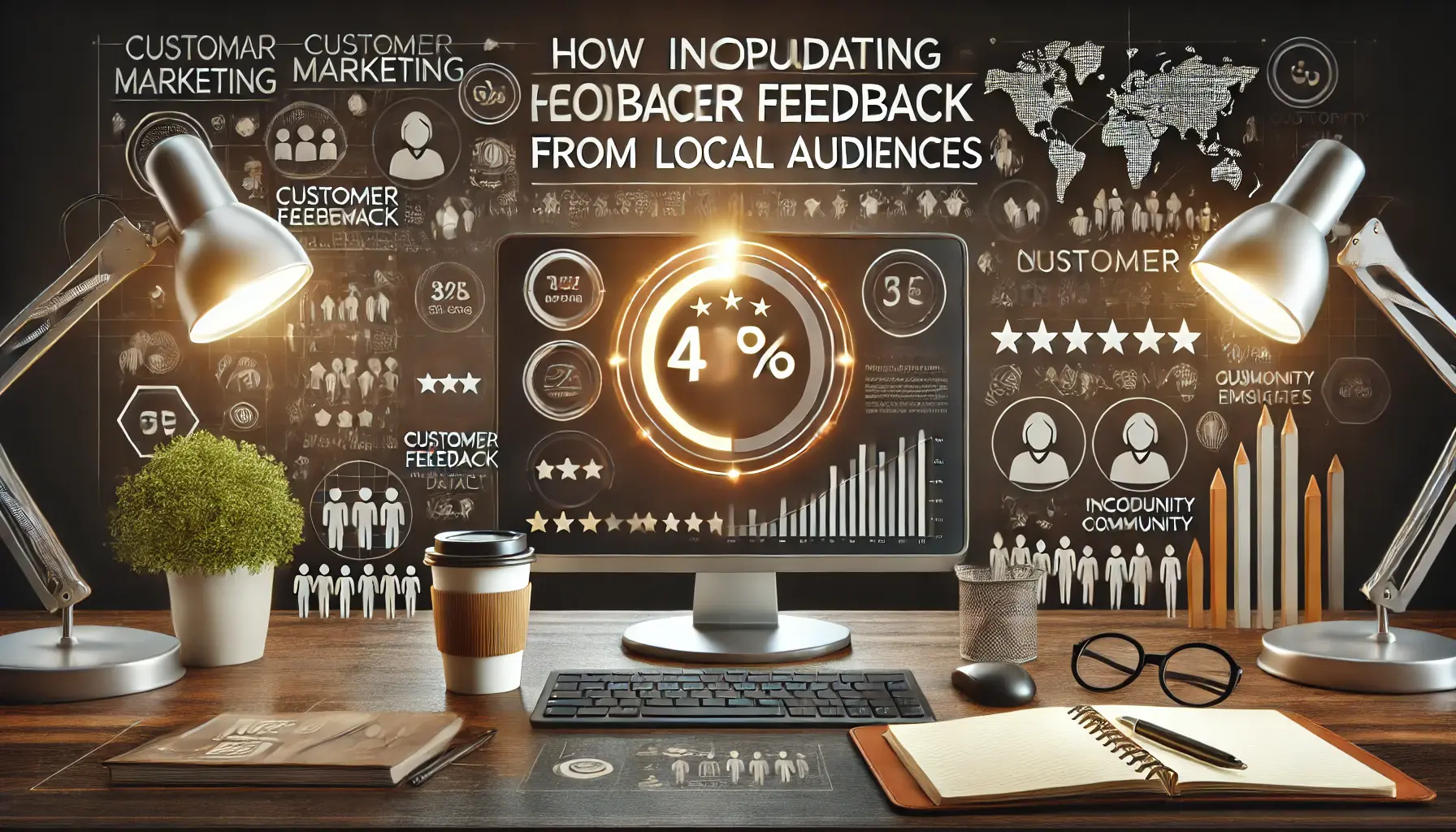 A digital marketing workspace showing customer feedback data, surveys, and ratings on a computer screen, surrounded by a notebook, coffee cup, and community visuals.