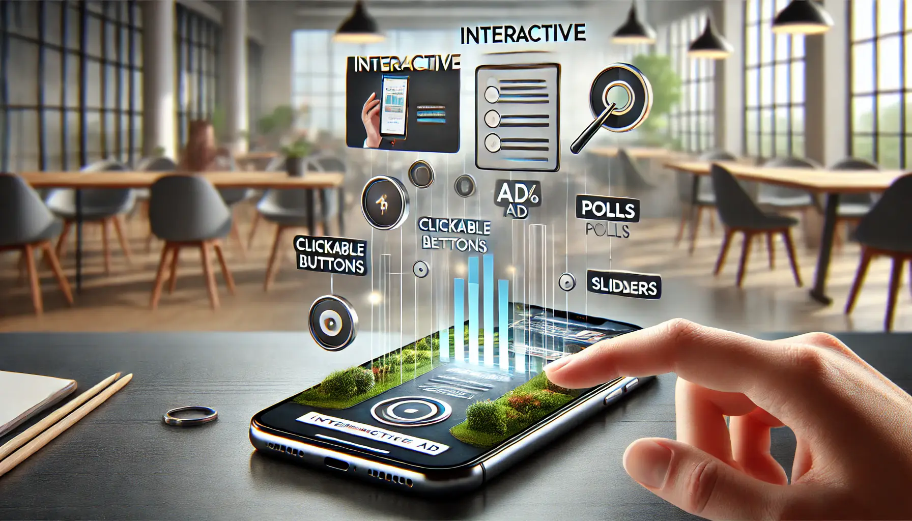 A smartphone displaying an interactive ad with clickable buttons, polls, and sliders.