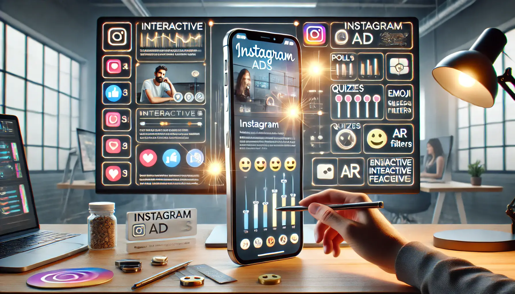 A digital marketing concept showcasing a designer optimizing an Instagram ad campaign with carefully selected interactive elements like polls, quizzes, emoji sliders, and AR filters.