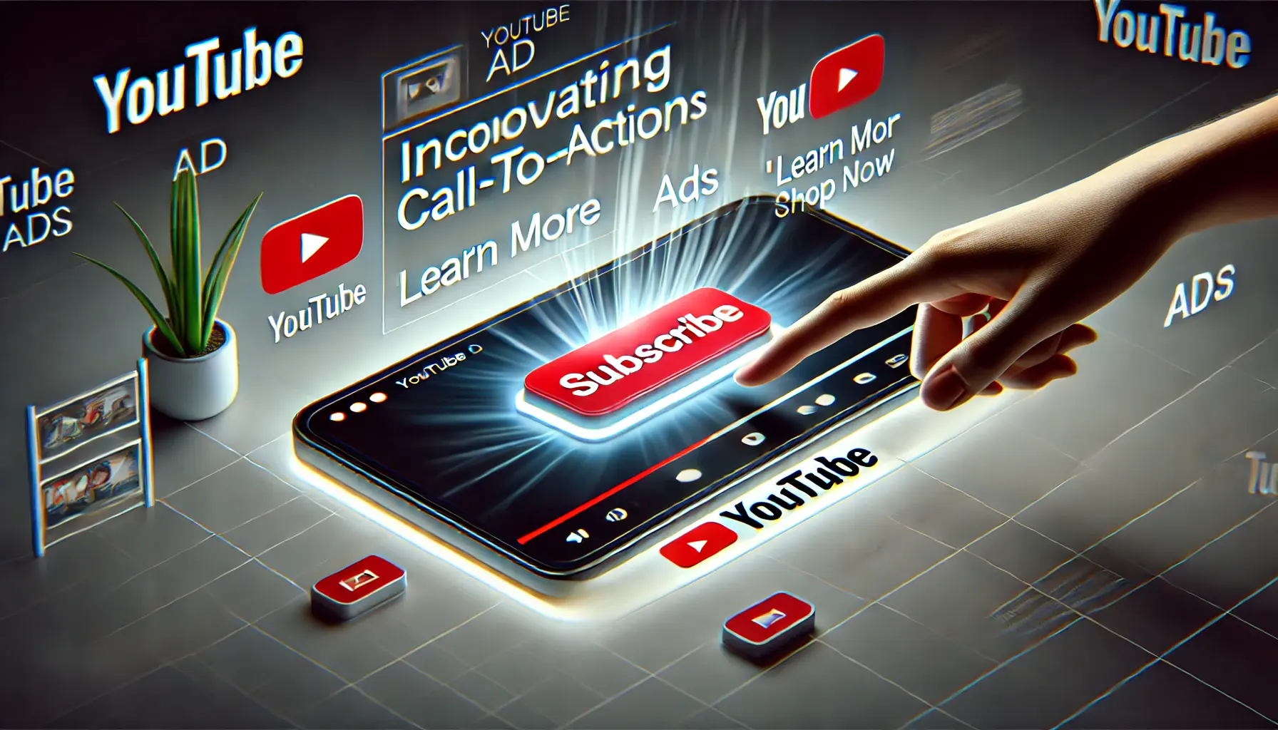 An illustration of a YouTube ad interface with a prominent call-to-action button, showing a user interacting with the ad.