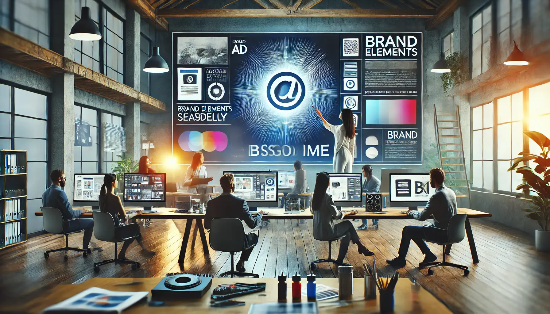 A creative team working together on a digital advertisement, incorporating brand elements like logos, colors, and typography into the design.