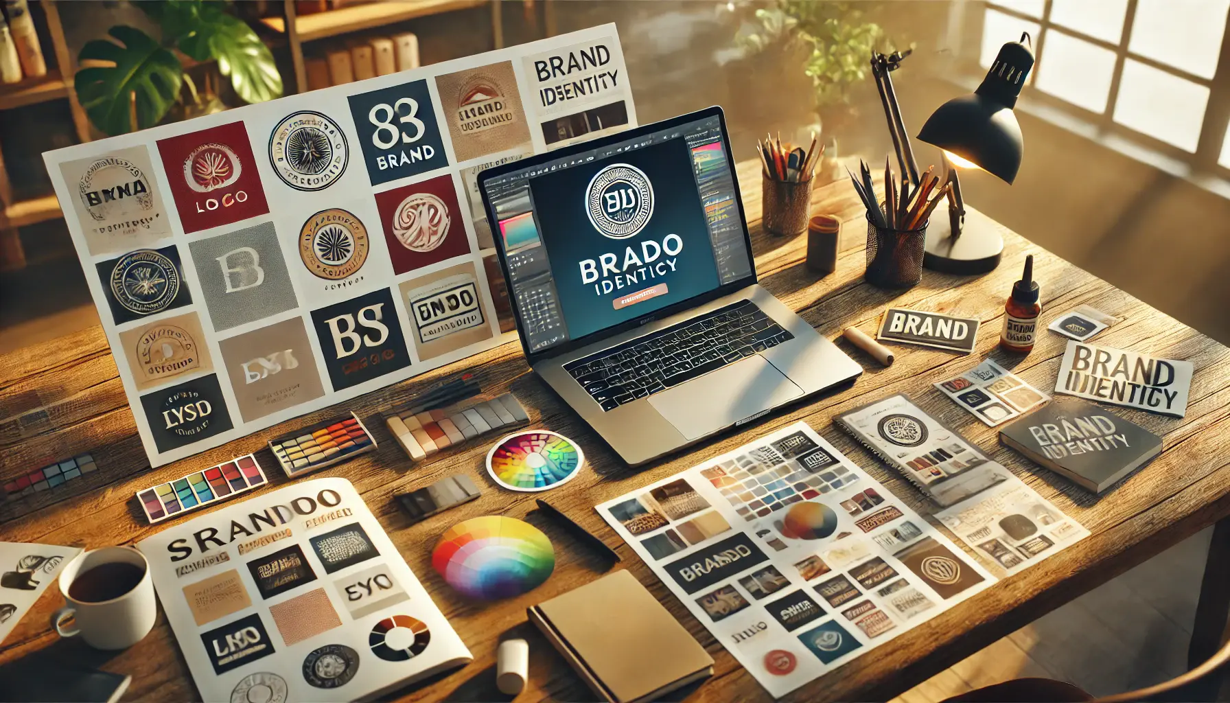 A designer’s desk with a laptop displaying a brand logo design and color palette, with printed mood boards showcasing brand elements like logos and product packaging.