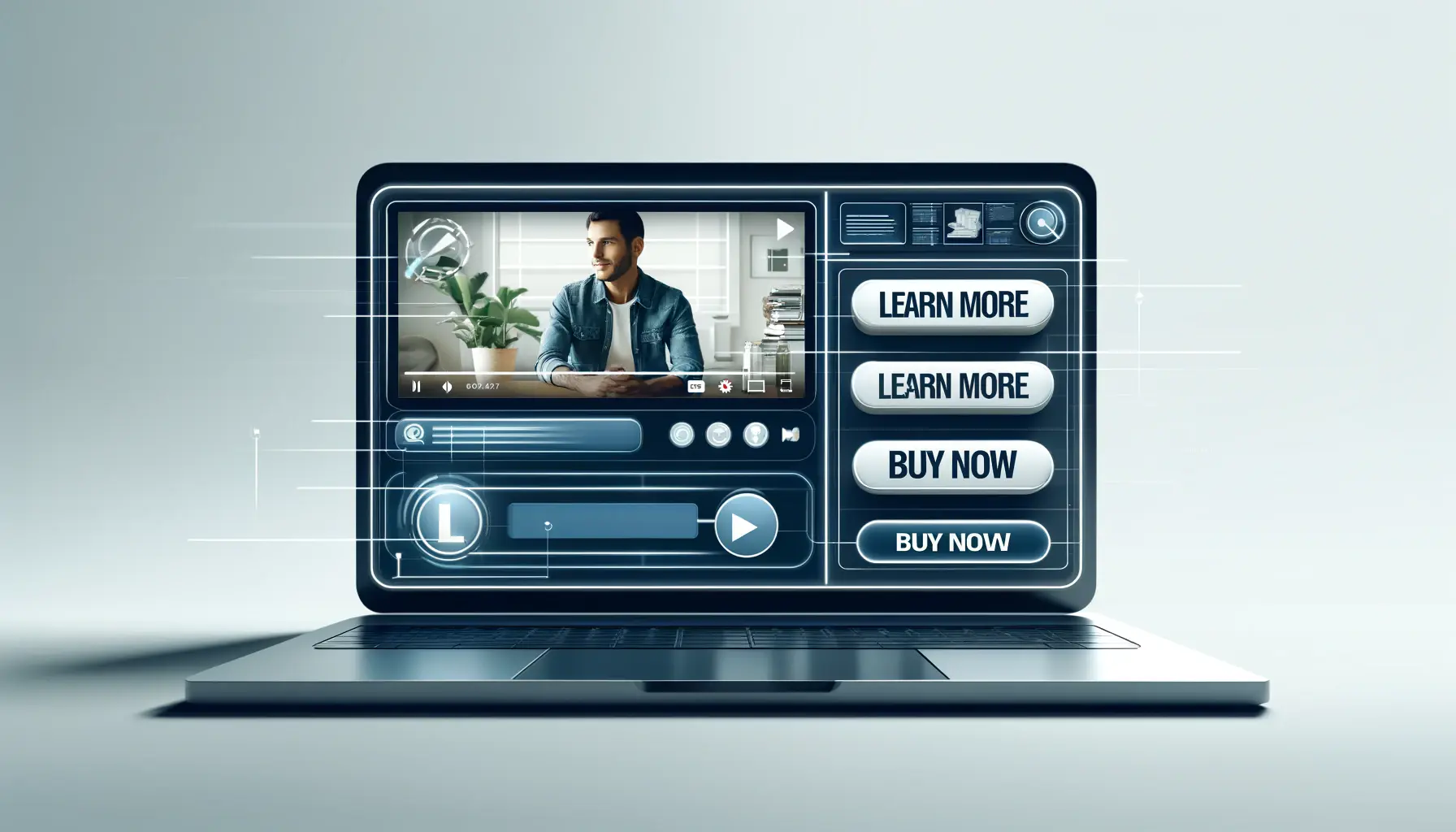 An illustration of a video ad playing on a laptop screen with visible interactive buttons for calls-to-action, such as 'Learn More' and 'Buy Now.'