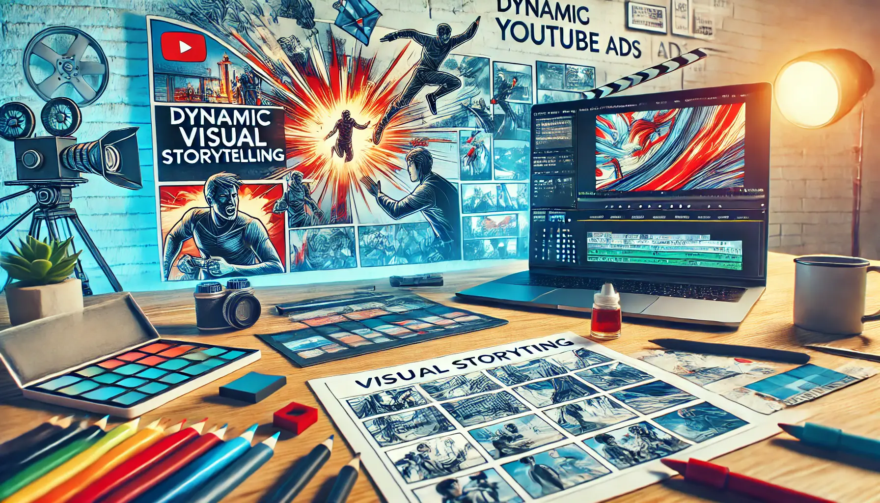 A dynamic workspace featuring a storyboard with action-packed scenes, motion graphics elements, and different camera angles, representing dynamic visual storytelling in storyboarding.