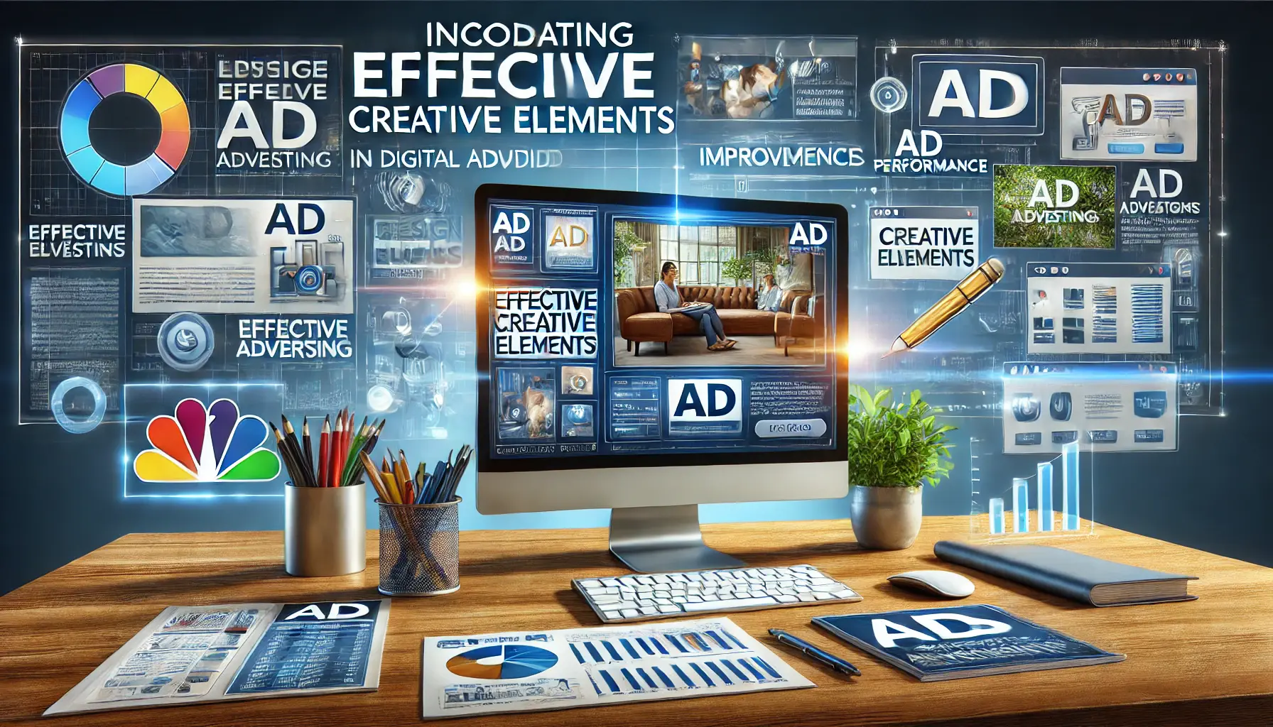 Illustration of a workspace featuring a computer screen with ad designs, creative assets, and mockups in various formats.