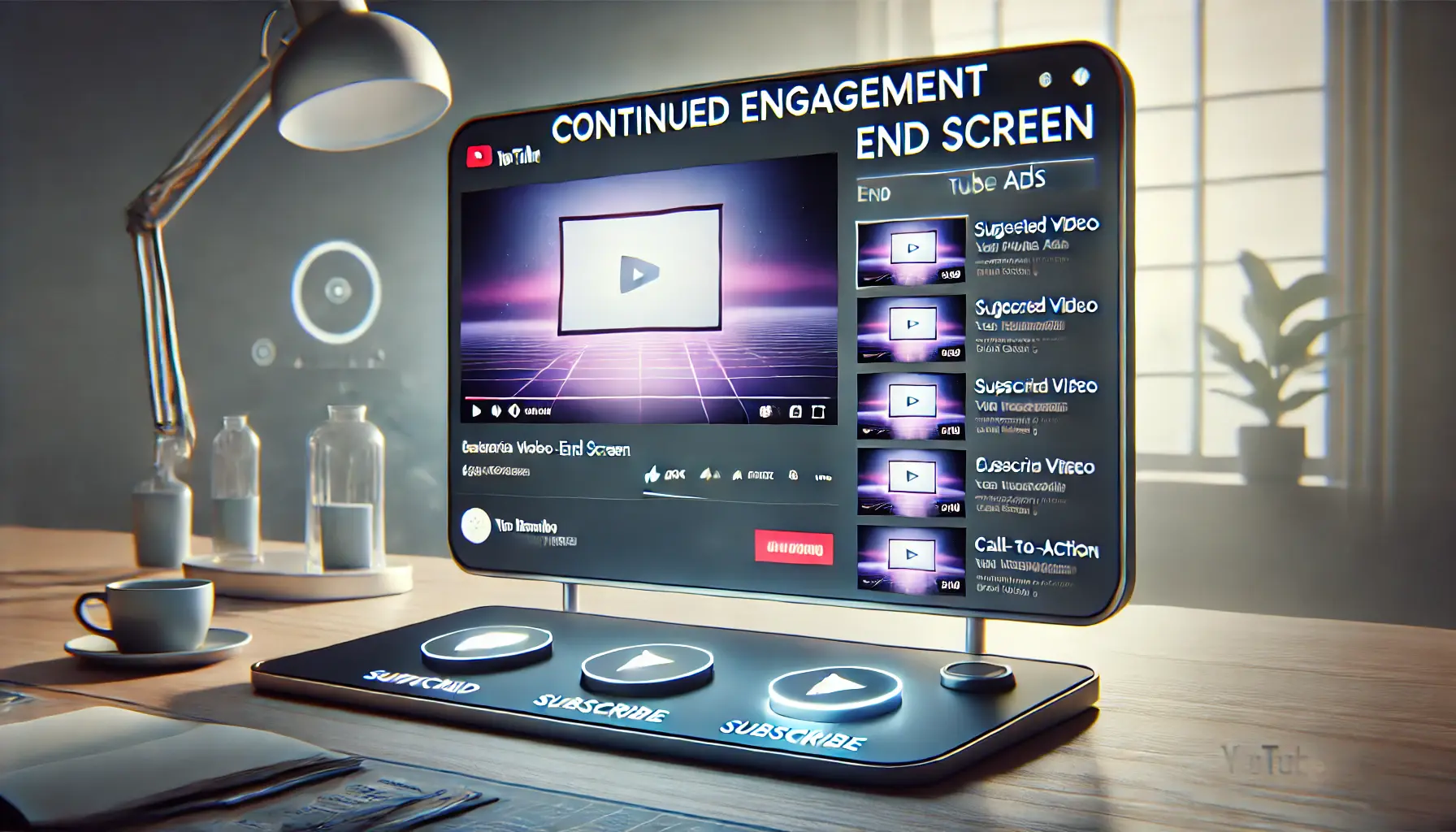 A digital video interface displaying end screen elements like suggested video thumbnails, a subscribe button, and a call-to-action link for continued viewer engagement.