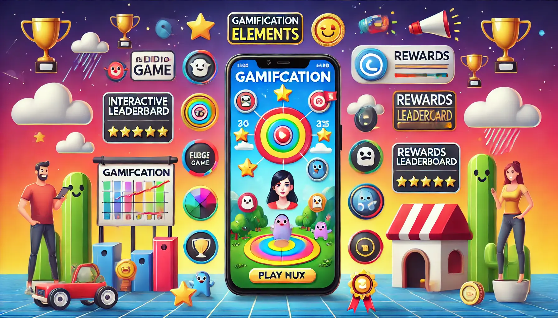 A smartphone displaying a gamified advertisement featuring a mini-game, rewards leaderboard, and animated characters, surrounded by icons of badges and trophies.