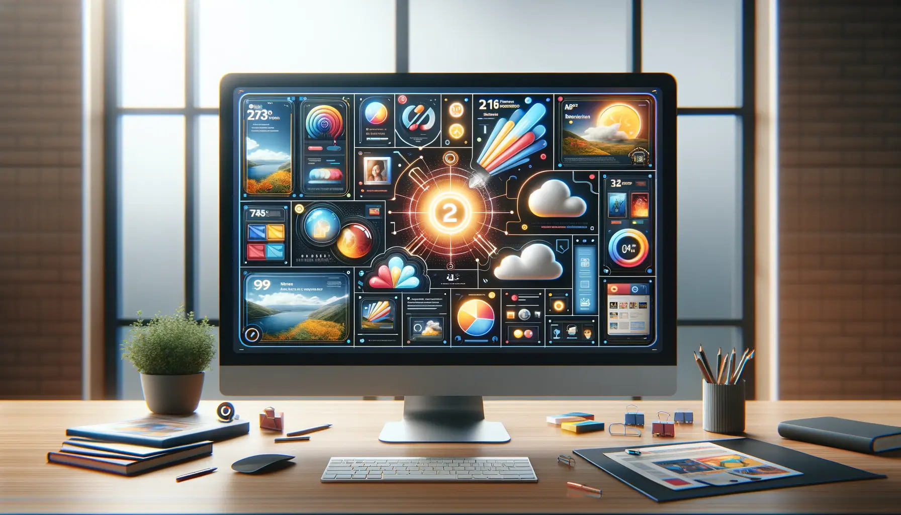 A digital workspace with a computer screen displaying a vibrant ad design that integrates high-quality images and graphics to enhance audience engagement.