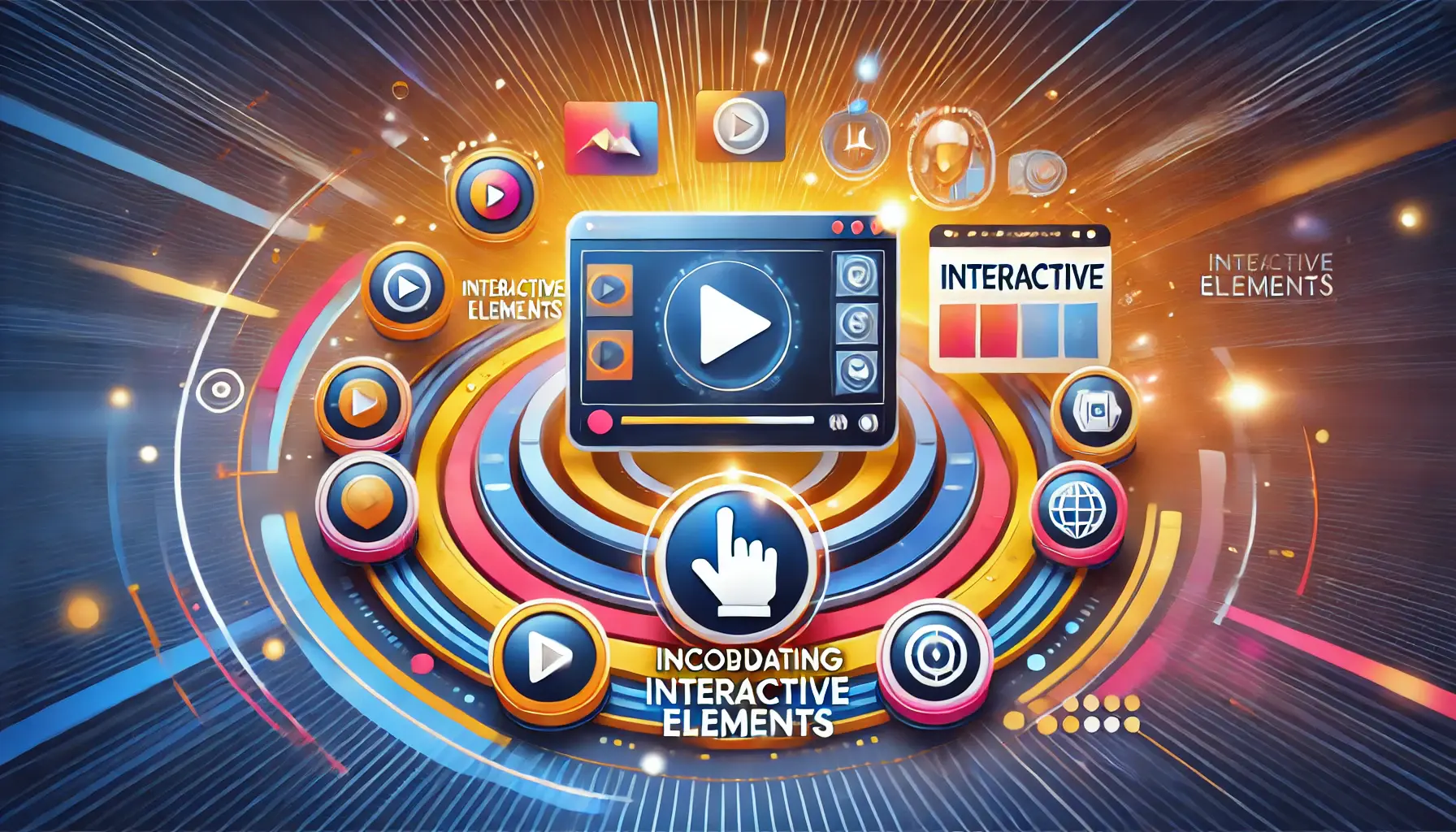 A digital interface showcasing interactive ad elements such as a video player, carousel with sliding images, and clickable icons, surrounded by engagement icons like a play button and hand cursor.