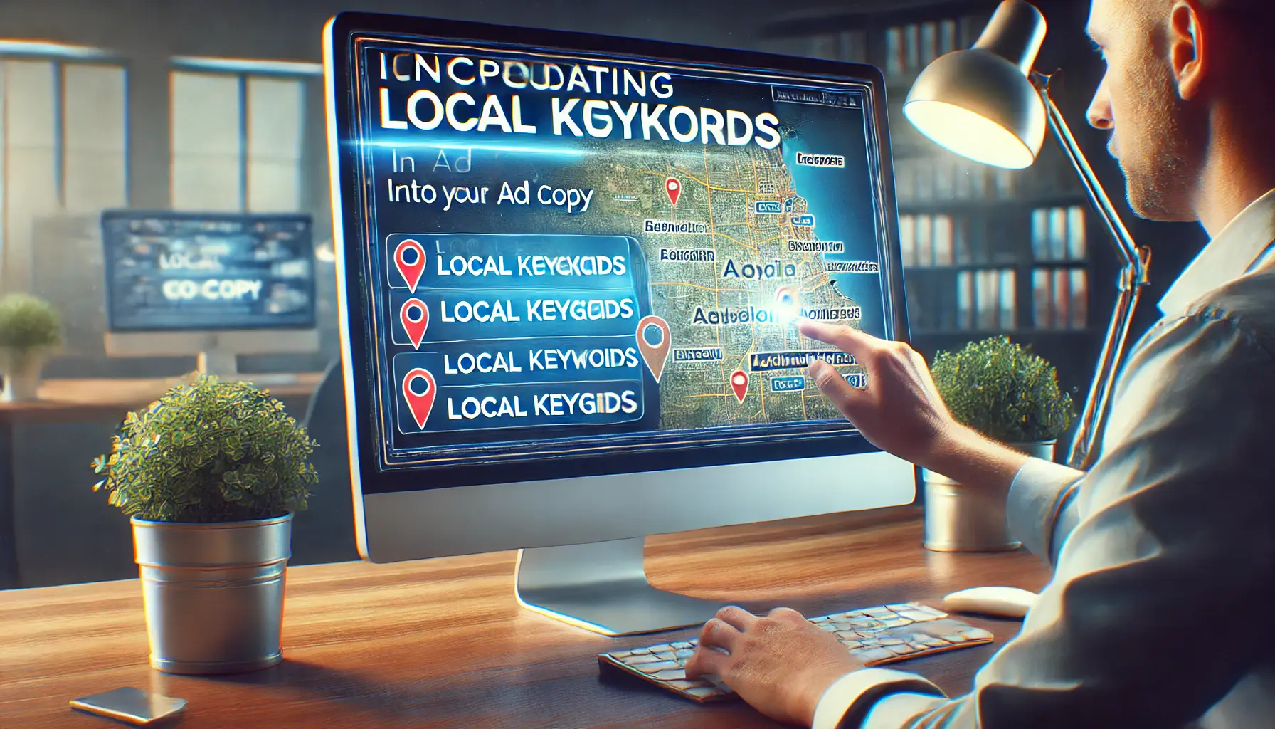 A computer screen displaying an ad creation interface with local landmarks and regions, symbolizing the use of local keywords in ad copy.