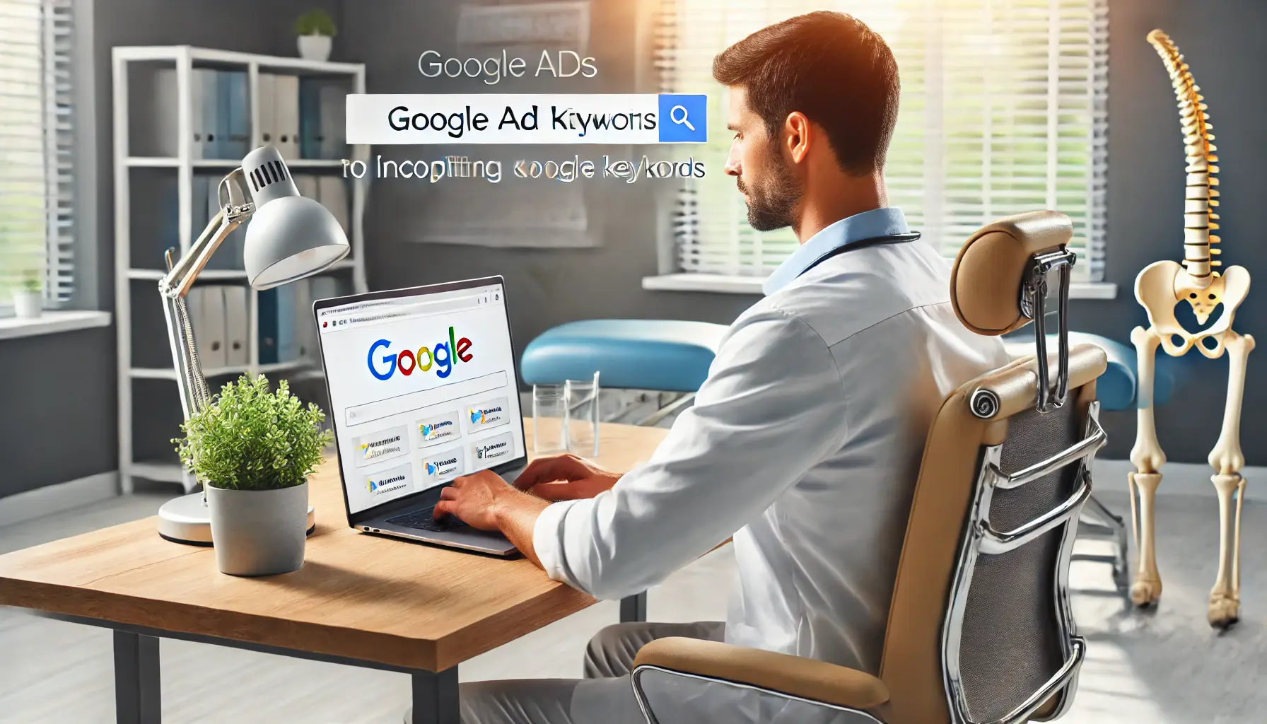 A chiropractor analyzing Google Ads data and selecting relevant keywords on a laptop in a modern clinic.