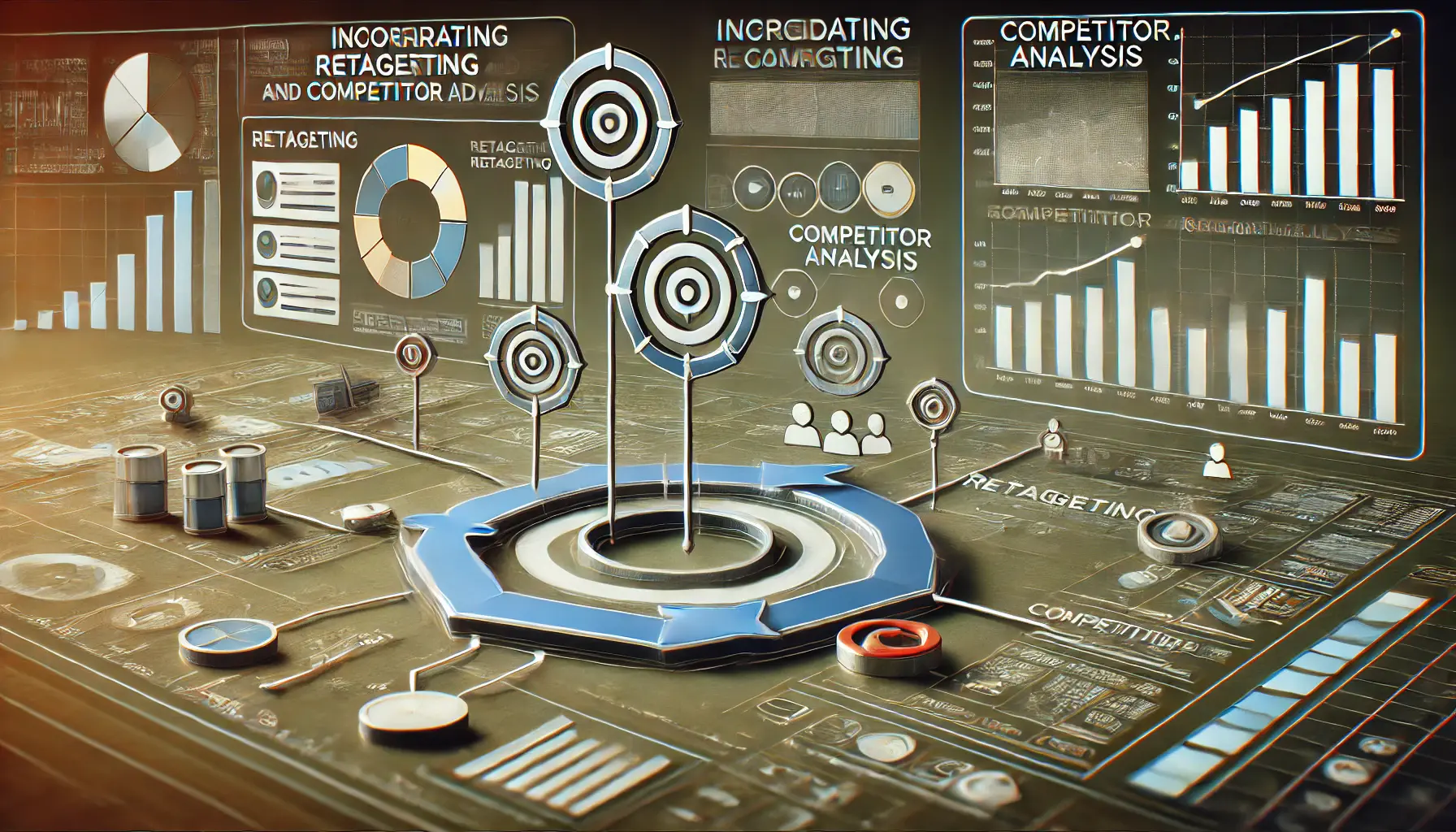 An image illustrating the concept of incorporating retargeting and competitor analysis, showing a digital dashboard with arrows and performance graphs.