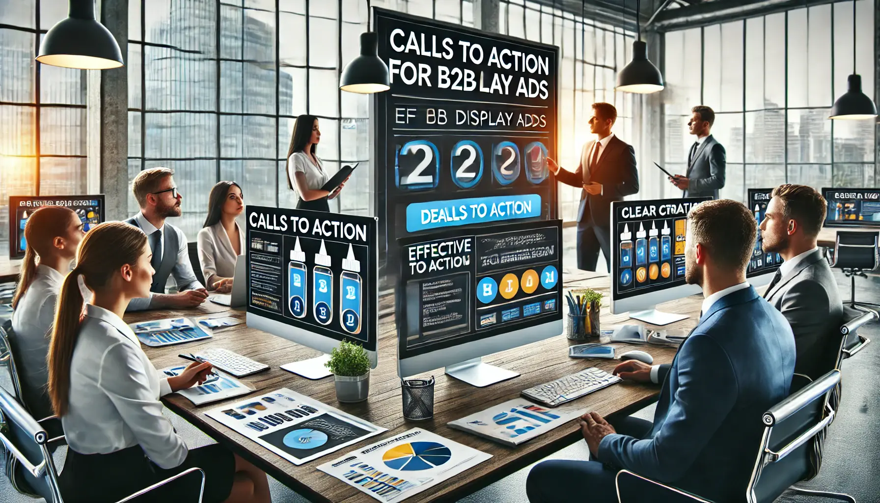 A team of marketers in a professional office setting reviewing B2B display ad designs with large, prominent CTAs on the screen.