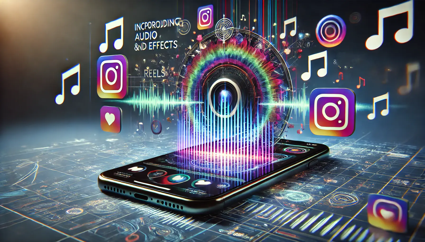 An image showing a smartphone playing an Instagram Reel, surrounded by visual elements symbolizing sound waves, music notes, and dynamic effects.