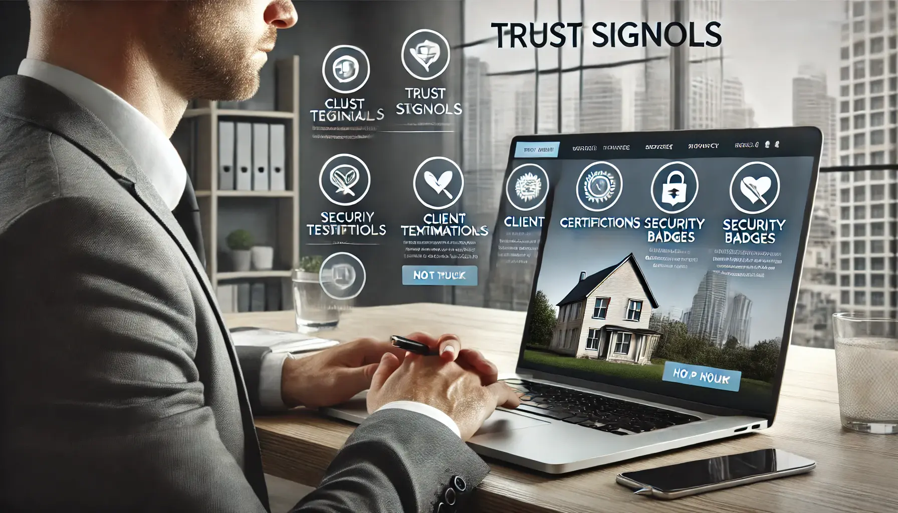 A real estate agent reviewing a website landing page with visible trust signals like client testimonials, certifications, and security badges.