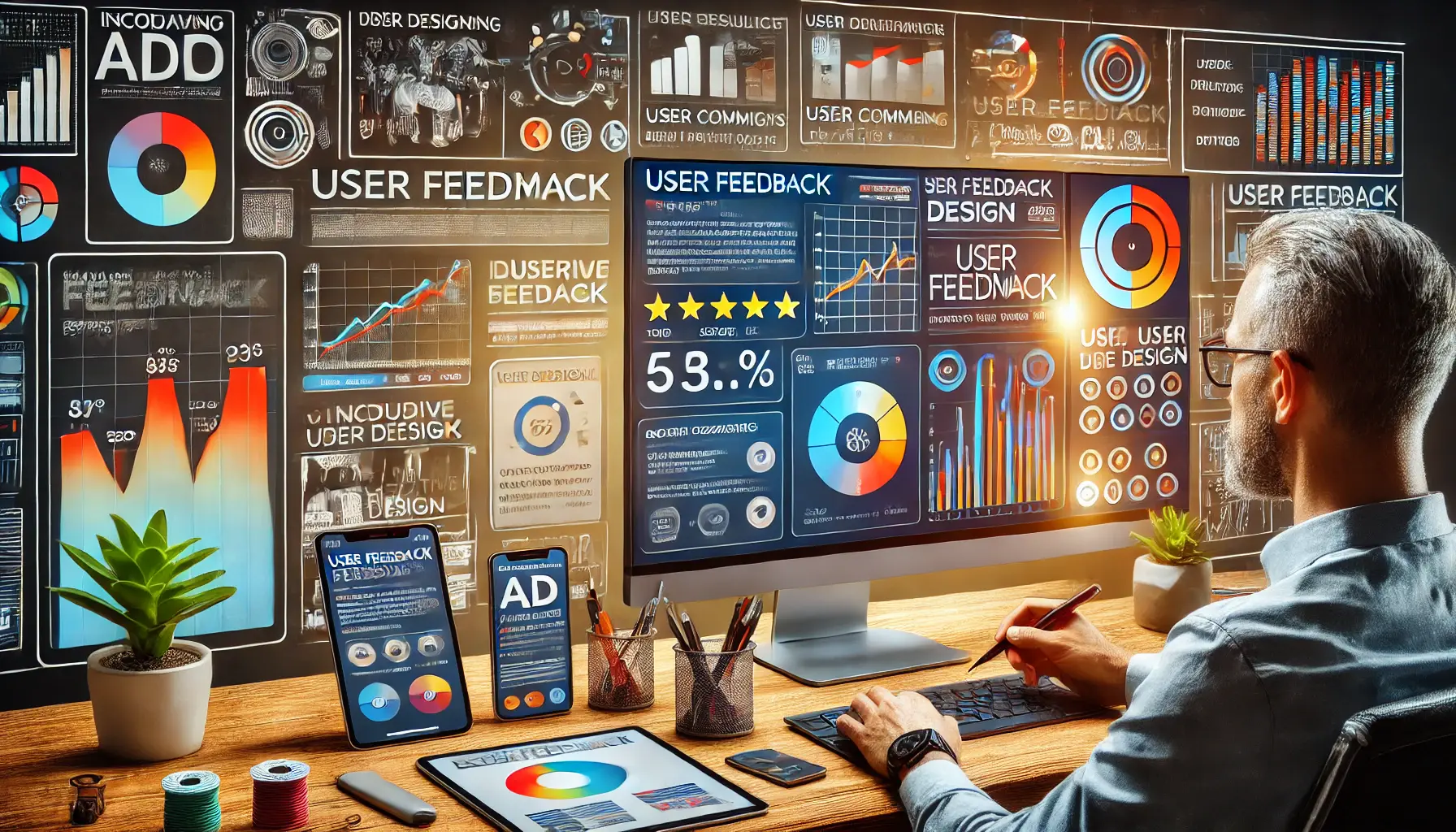 Image showing a designer reviewing user feedback on a computer screen, adjusting ad design based on survey results, comments, and ratings, displayed across multiple devices.