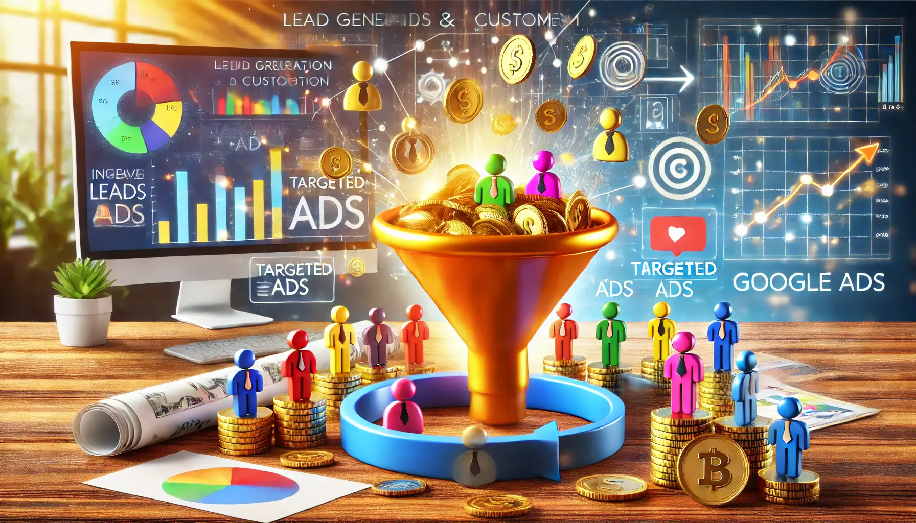 A vibrant sales funnel on a desk, with coins and diverse figures flowing out, representing lead generation and customer acquisition through digital advertising.