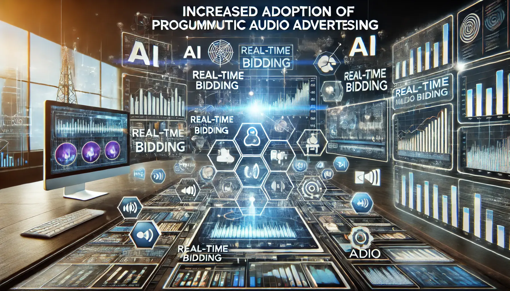 A digital illustration of a futuristic digital workspace with multiple screens showing programmatic ad buying platforms, real-time bidding, and audio ads, with data flow and AI algorithms visible.