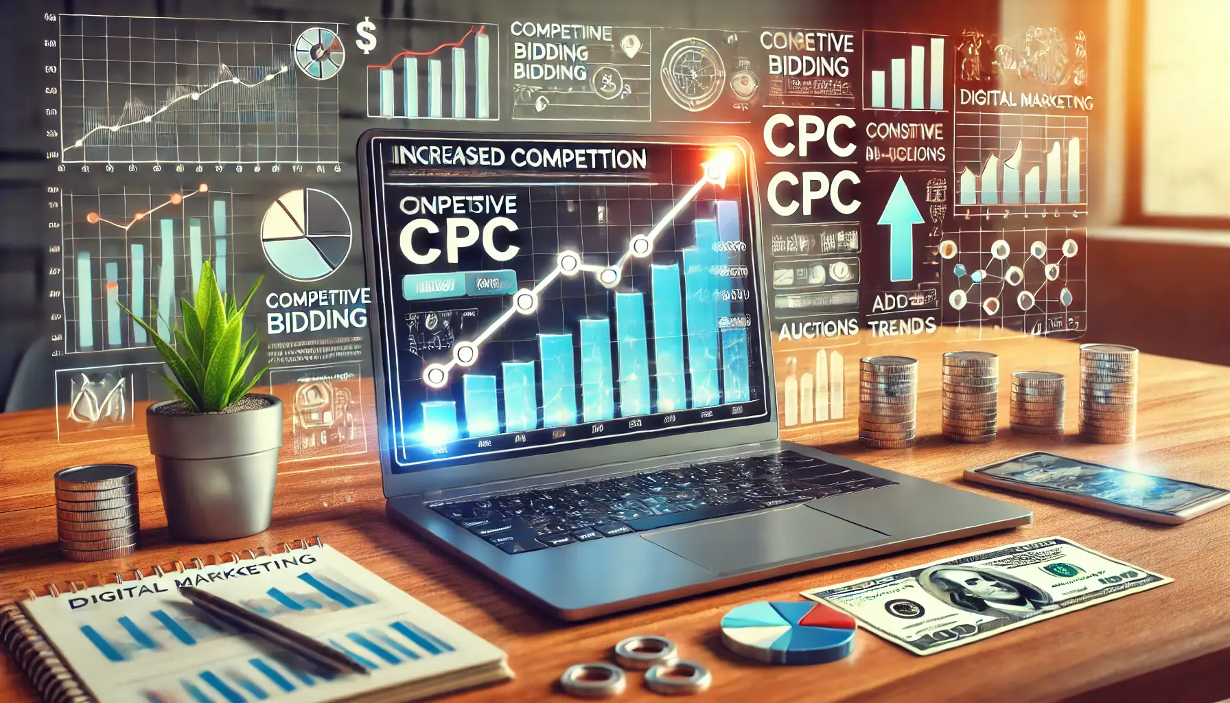 A digital marketing workspace showing a laptop with a graph of rising CPC, surrounded by icons of competitive bidding, auctions, and money symbols.