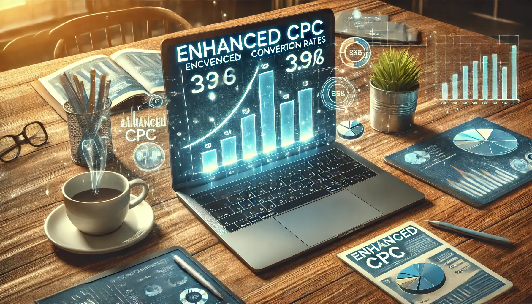 A digital marketing workspace with a laptop displaying a graph showing an upward trend in conversion rates due to Enhanced CPC.