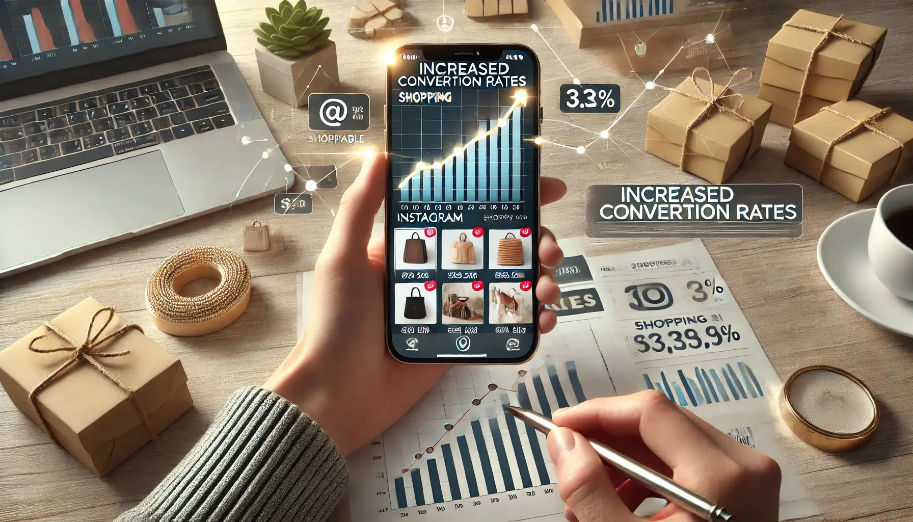 A smartphone showing an Instagram shoppable post with a graph of increasing sales and conversion rates in the background.