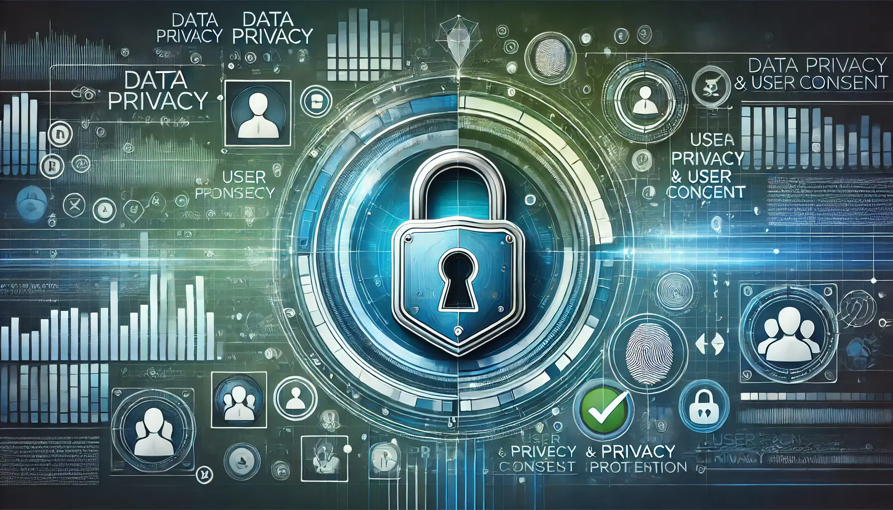 Abstract image representing data privacy and user consent with a locked shield, user profile icons, and a fingerprint symbol.