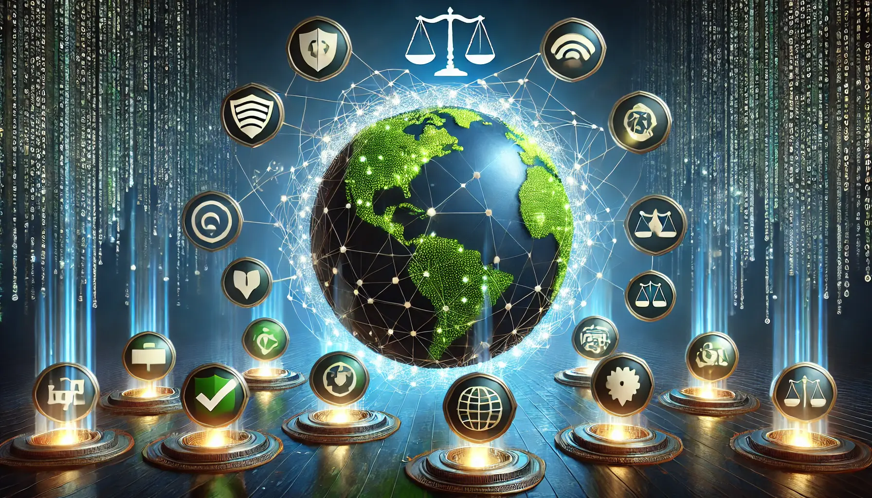 A glowing globe surrounded by interconnected legal symbols such as scales of justice, compliance checkmarks, and privacy shields, with data streams linking global regions.