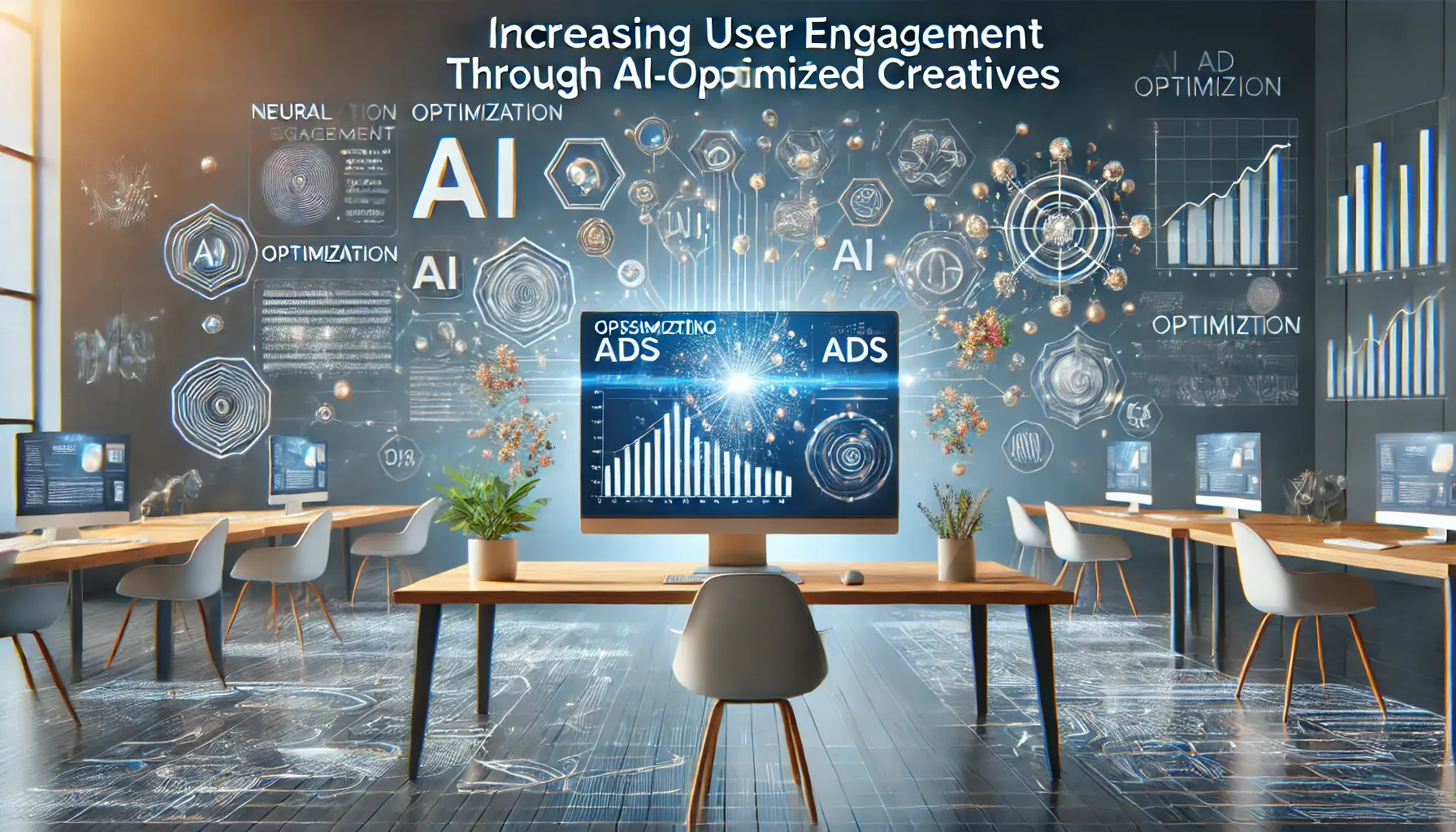 An image showing increasing user engagement through AI-optimized creatives, with a digital workspace displaying personalized ad creatives and AI elements.