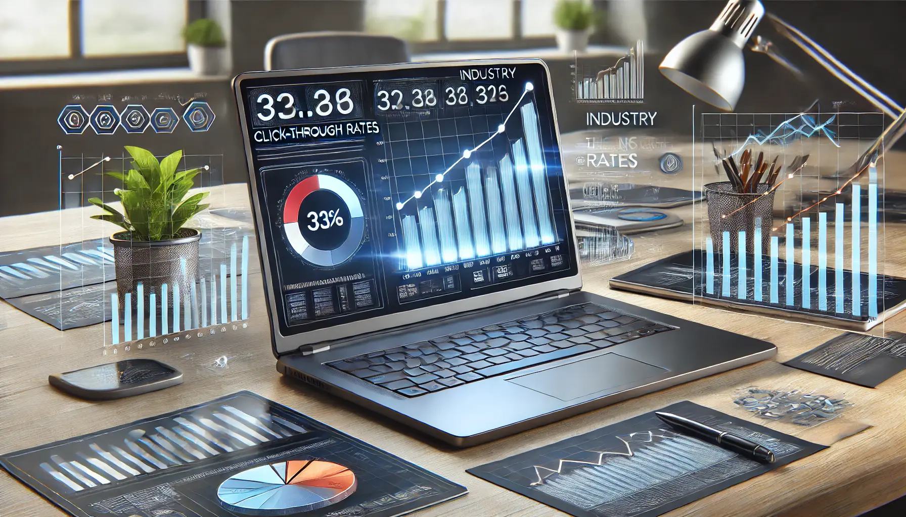 A realistic image of a laptop displaying performance charts, including bar graphs and line charts comparing CTR across different industries.