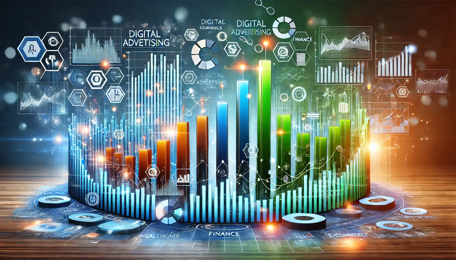 Visualization showing bar graphs comparing benchmarks across industries like healthcare, finance, and e-commerce.