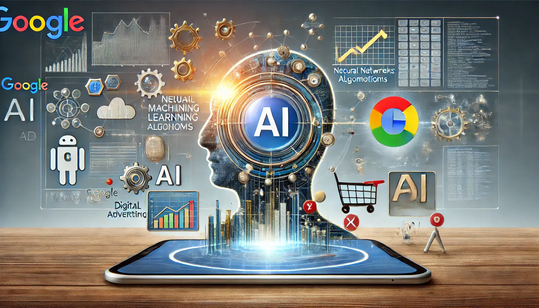 A professional representation of AI's influence on Google's advertising success, featuring neural networks, machine learning, and data analysis in digital advertising.