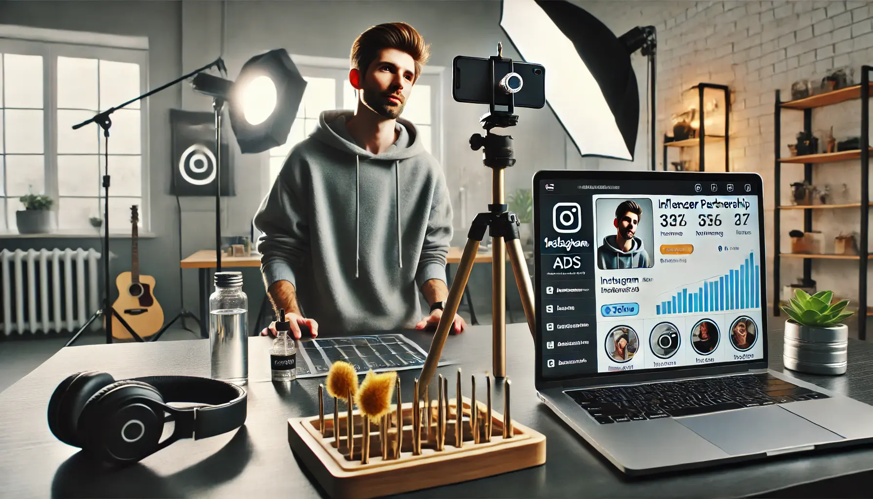 An influencer recording a product endorsement in a modern studio, with a smartphone on a tripod capturing content and a laptop showing analytics.