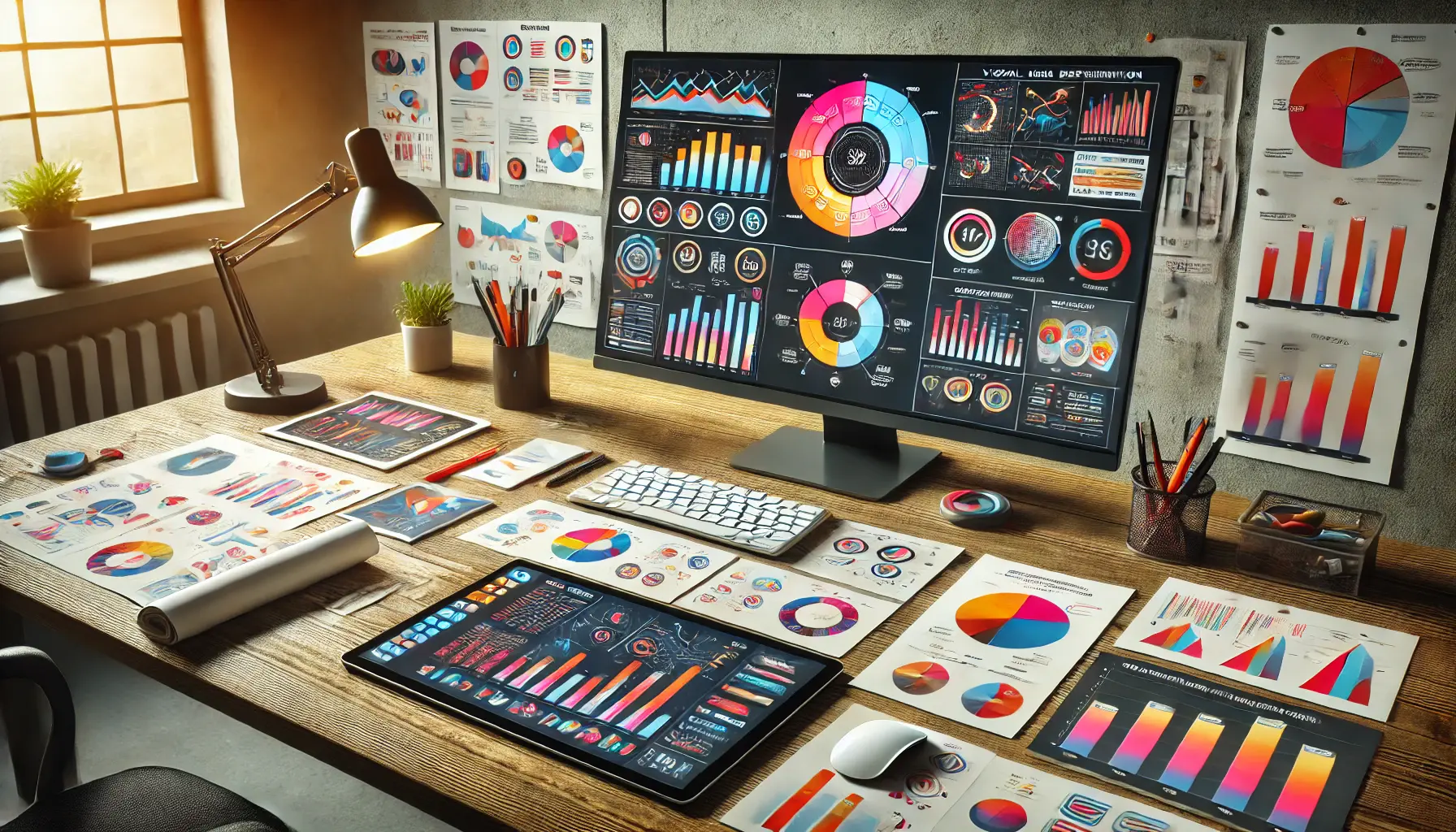 A designer's workspace with a large screen displaying an infographic with charts and graphs, a tablet showing another version, and printed reports with data visualizations.