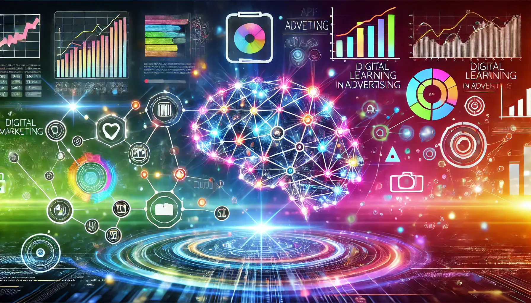 A futuristic image showcasing machine learning in digital marketing, featuring neural networks, algorithms, mobile devices, and data analytics in a vibrant gradient background.