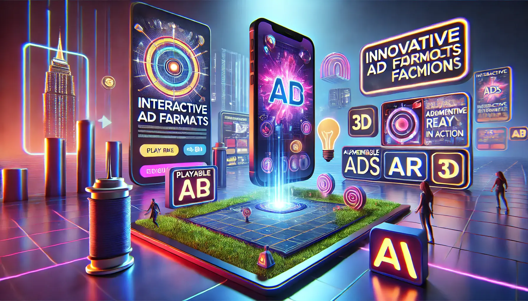 A dynamic digital scene featuring interactive ads, augmented reality (AR), and playable ads on mobile devices in a 3D space.