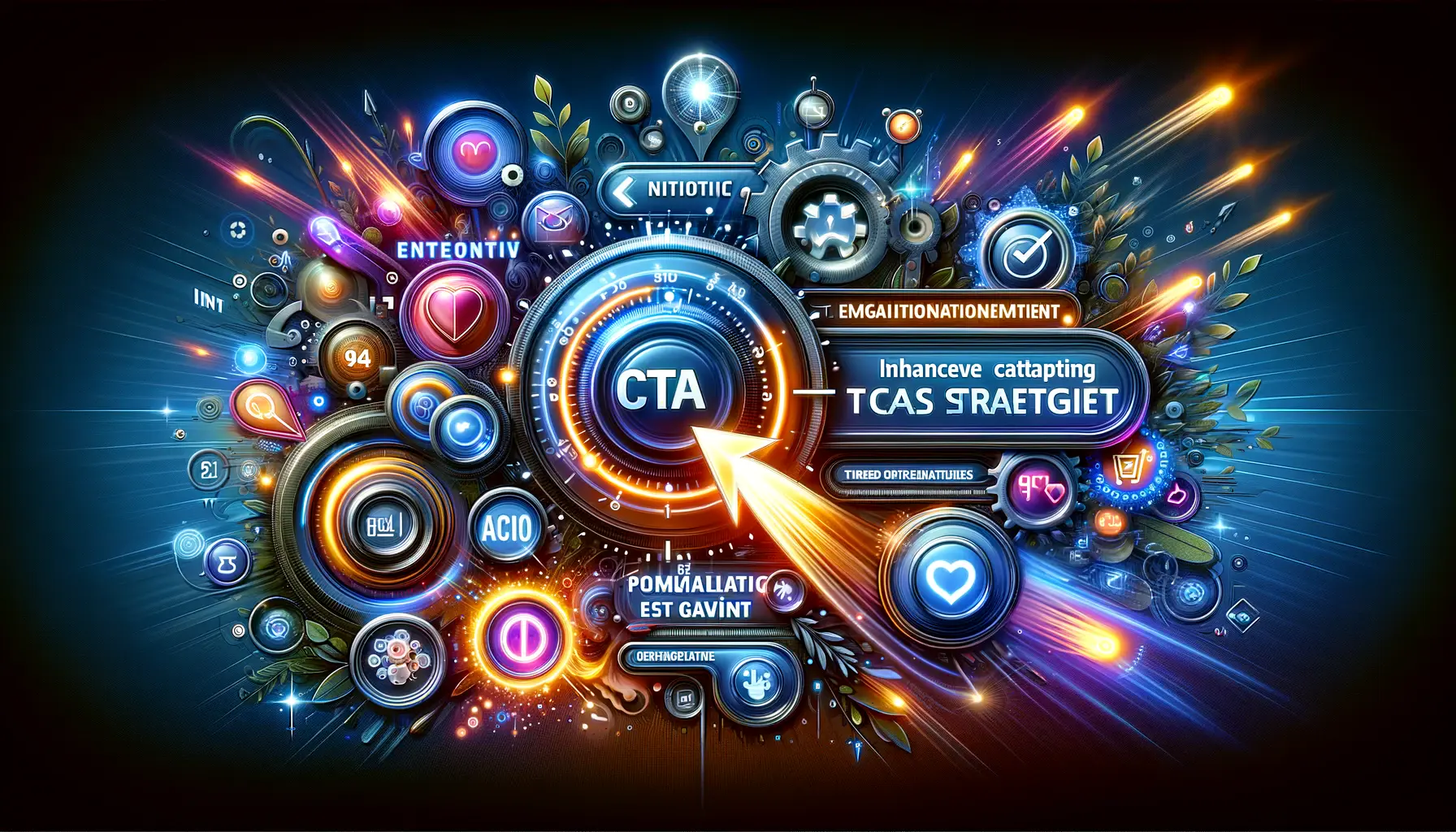 A visually engaging image representing innovative CTA text strategies with elements like glowing buttons, personalization icons, and action-oriented visuals.