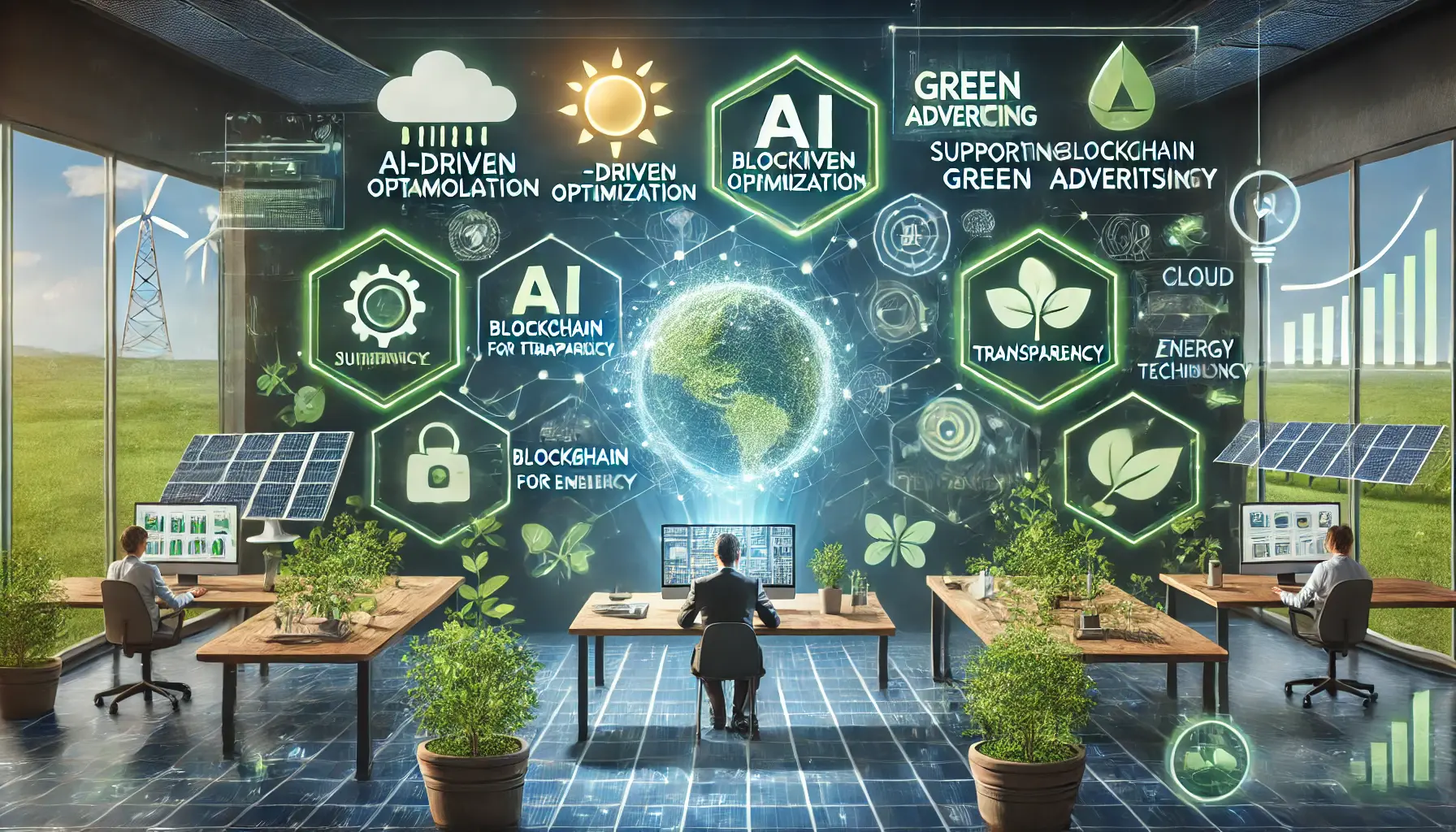 A digital workspace where a person is reviewing data on innovative technologies such as AI, blockchain, and cloud computing, surrounded by eco-friendly symbols like solar panels and green energy.