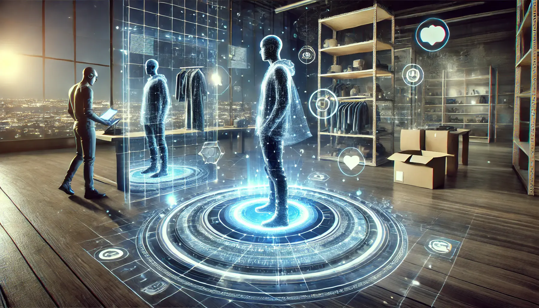 A futuristic scene showcasing a person interacting with augmented reality, blending digital elements with the real world.