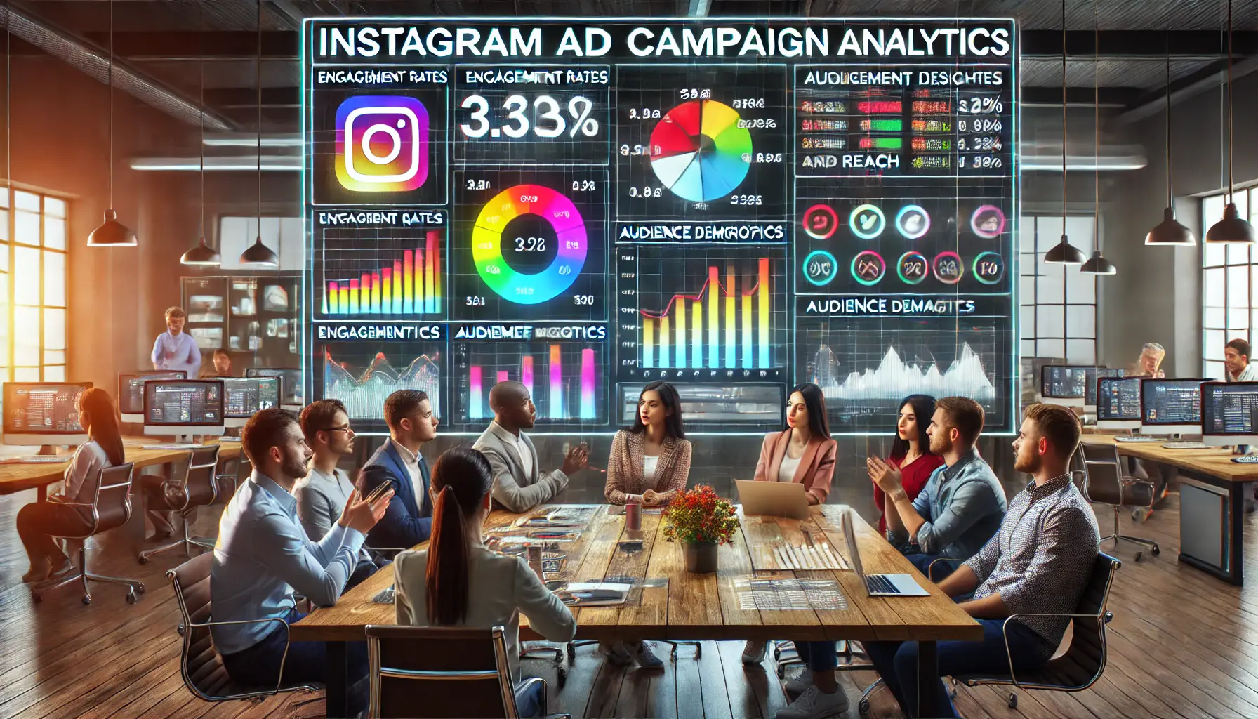 A diverse team analyzing Instagram ad campaign analytics on a large screen in a modern office setting.