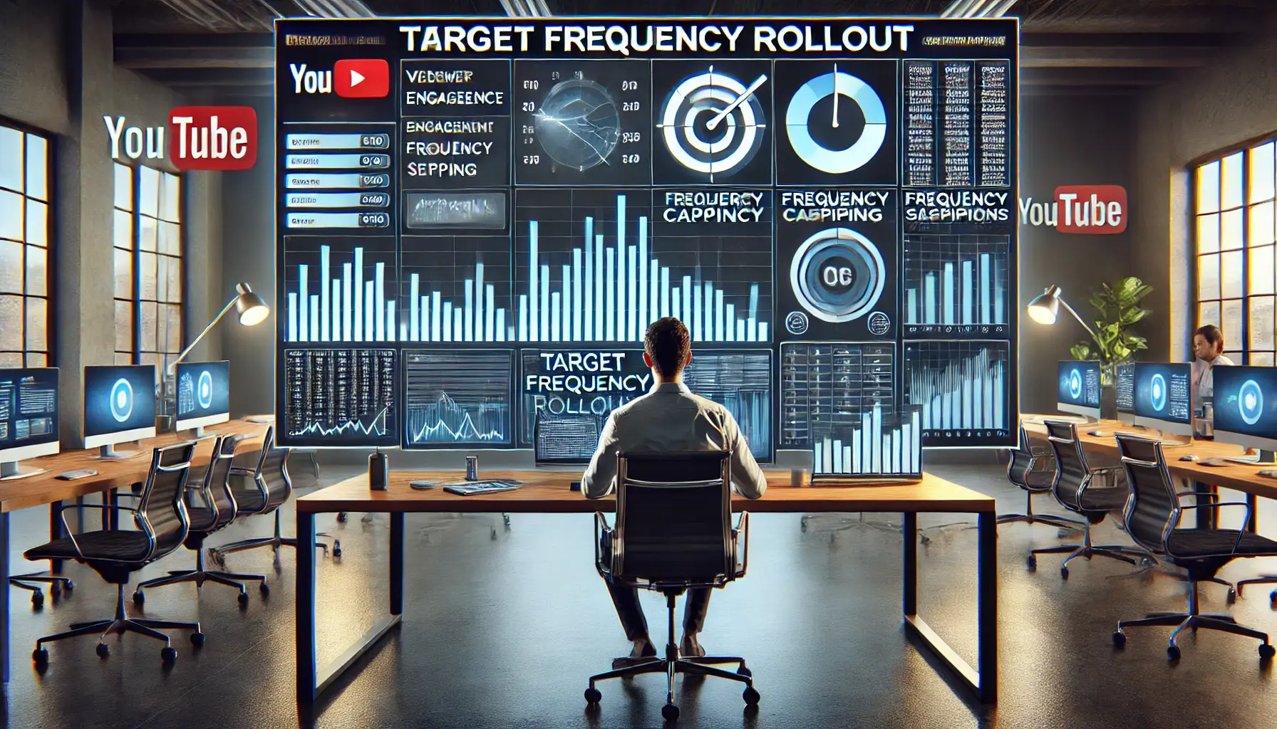 A marketer analyzing YouTube campaign performance data on a large screen, showcasing engagement metrics and frequency capping settings.