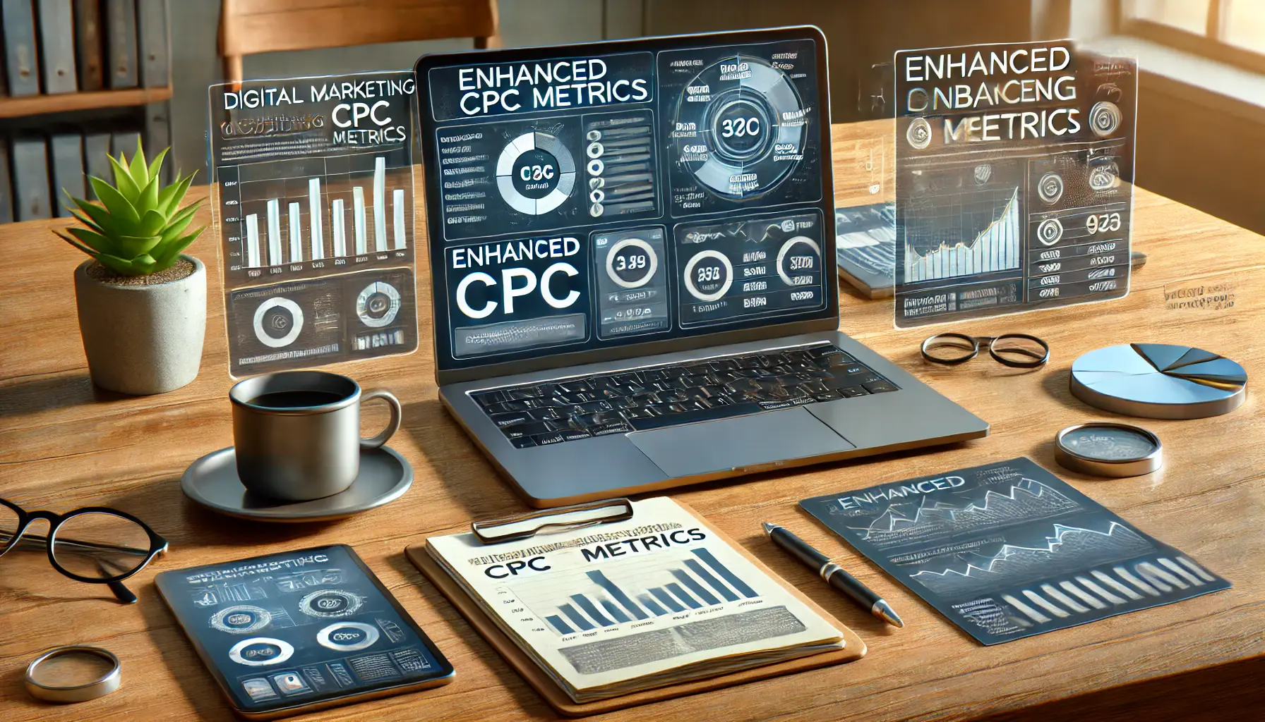 A digital marketing workspace with a laptop displaying analytics and performance metrics from Enhanced CPC, such as audience insights and conversion data.