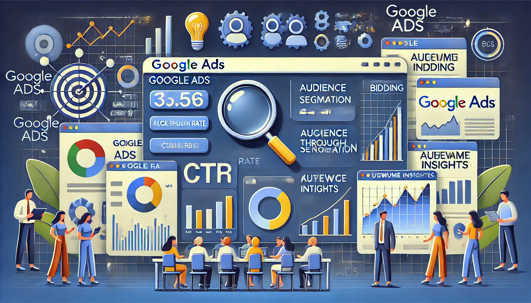 An illustration showing a Google Ads dashboard with analytics, audience segmentation, and keyword bidding tools.