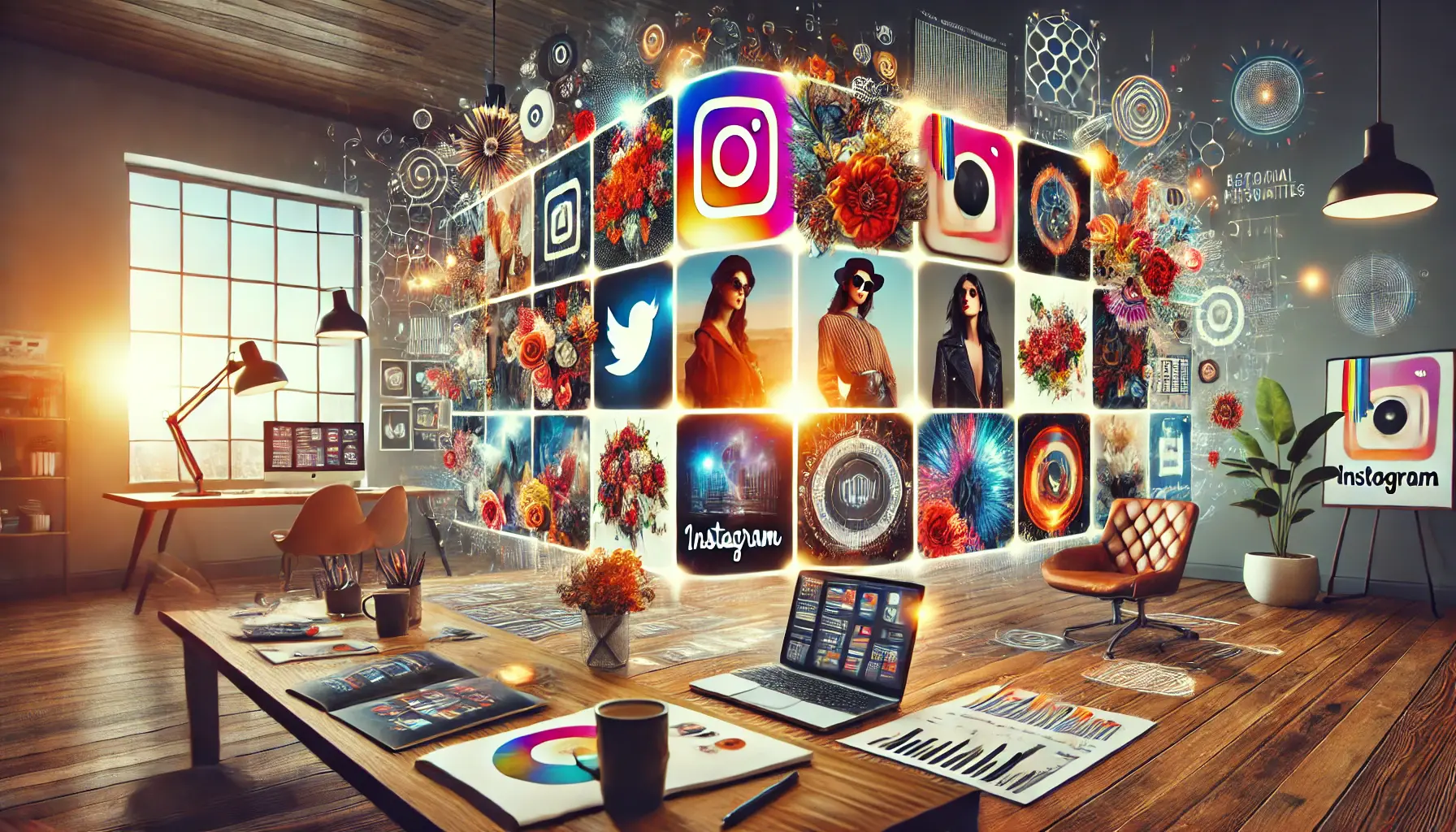 A dynamic social media workspace featuring multiple digital screens displaying vibrant Instagram profiles with distinct brand aesthetics.