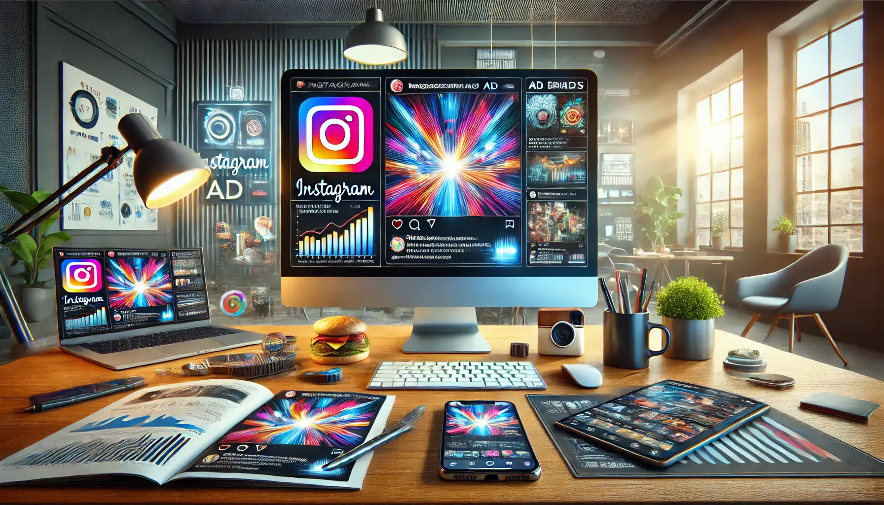 A modern workspace featuring a computer screen displaying a creative Instagram ad campaign, with a smartphone showing Instagram, a tablet with analytics, and a cup of coffee on a sleek desk.