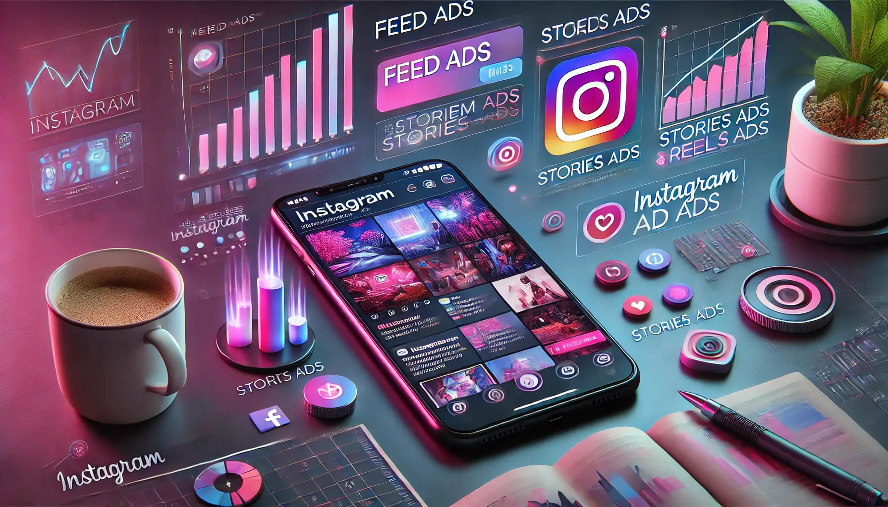 A smartphone displaying an Instagram feed with various ad formats, surrounded by digital marketing elements such as analytics graphs, engagement icons, and a creative workspace.