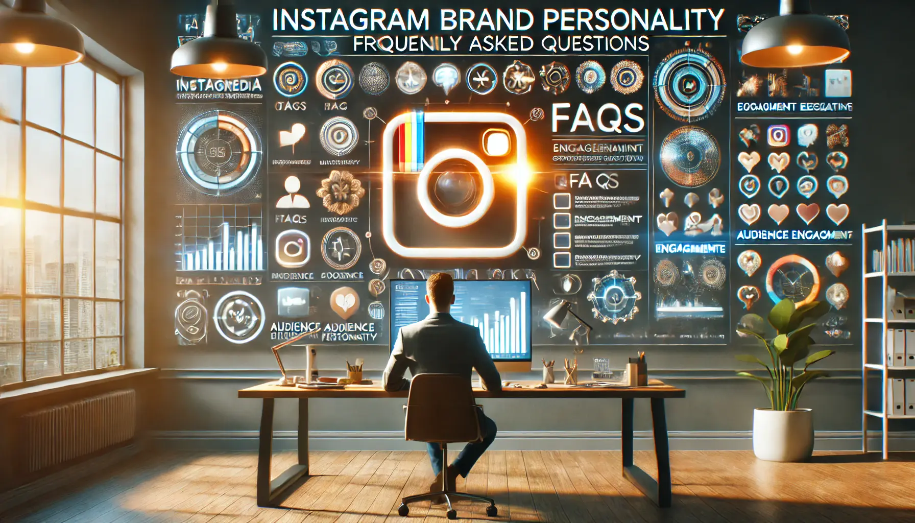 A social media strategist analyzing brand-related questions and audience engagement insights on a large digital screen displaying interactive elements and feedback symbols.