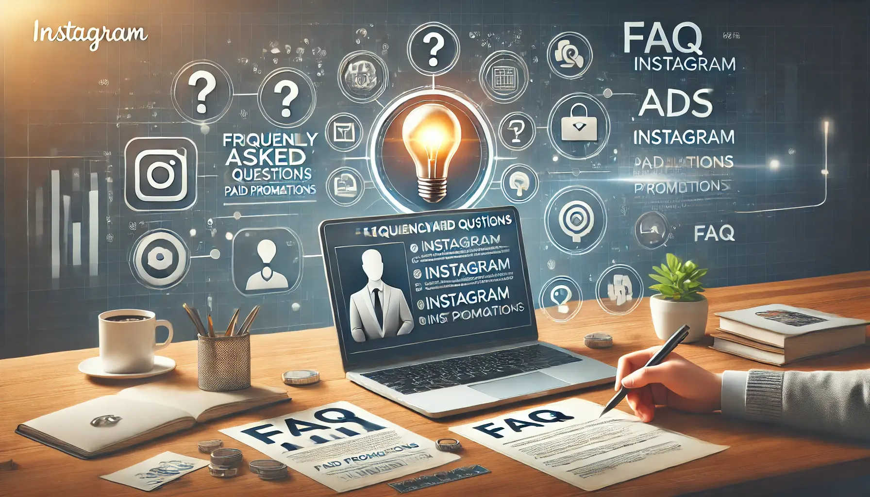 Illustration of a person sitting at a desk with a laptop displaying FAQ-related content, surrounded by icons like a question mark, lightbulb, and checklist symbolizing inquiries and solutions.